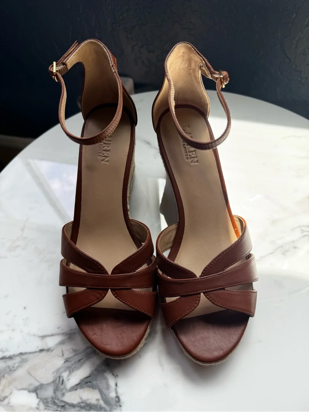 Lauren Ralph Lauren Brown Leather Ankle-Strap Wedge Sandals